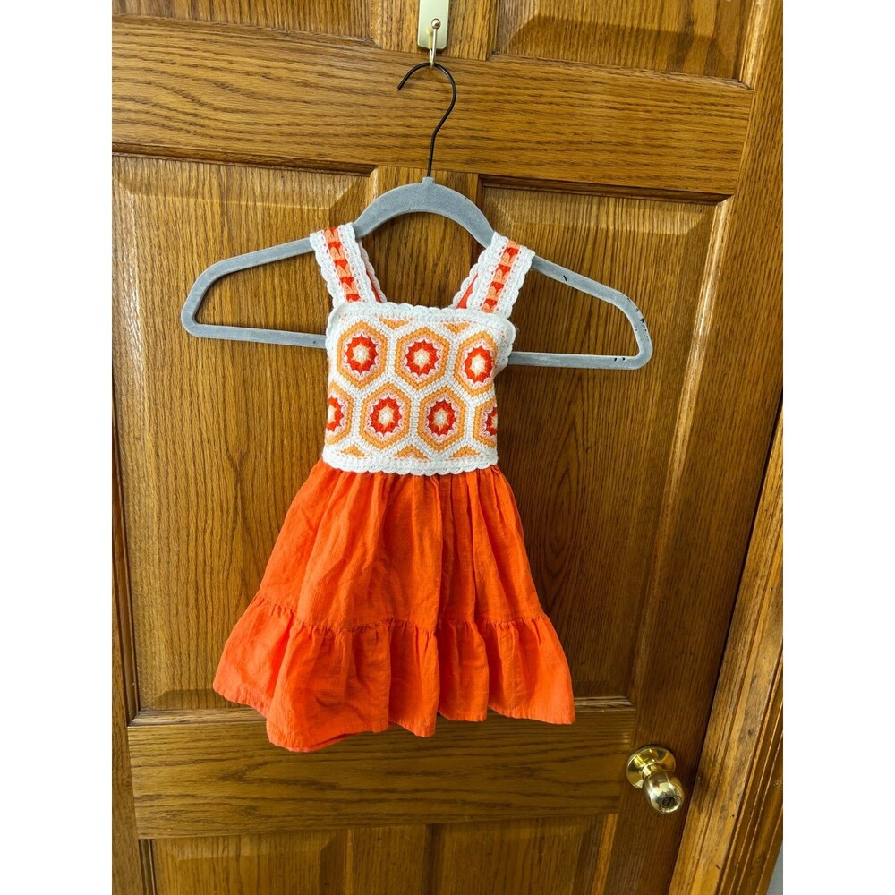 Haute Hippie Dress Girls 2T Coral Orange Crochet Floral Boho Tiered Ruffle Gauzy